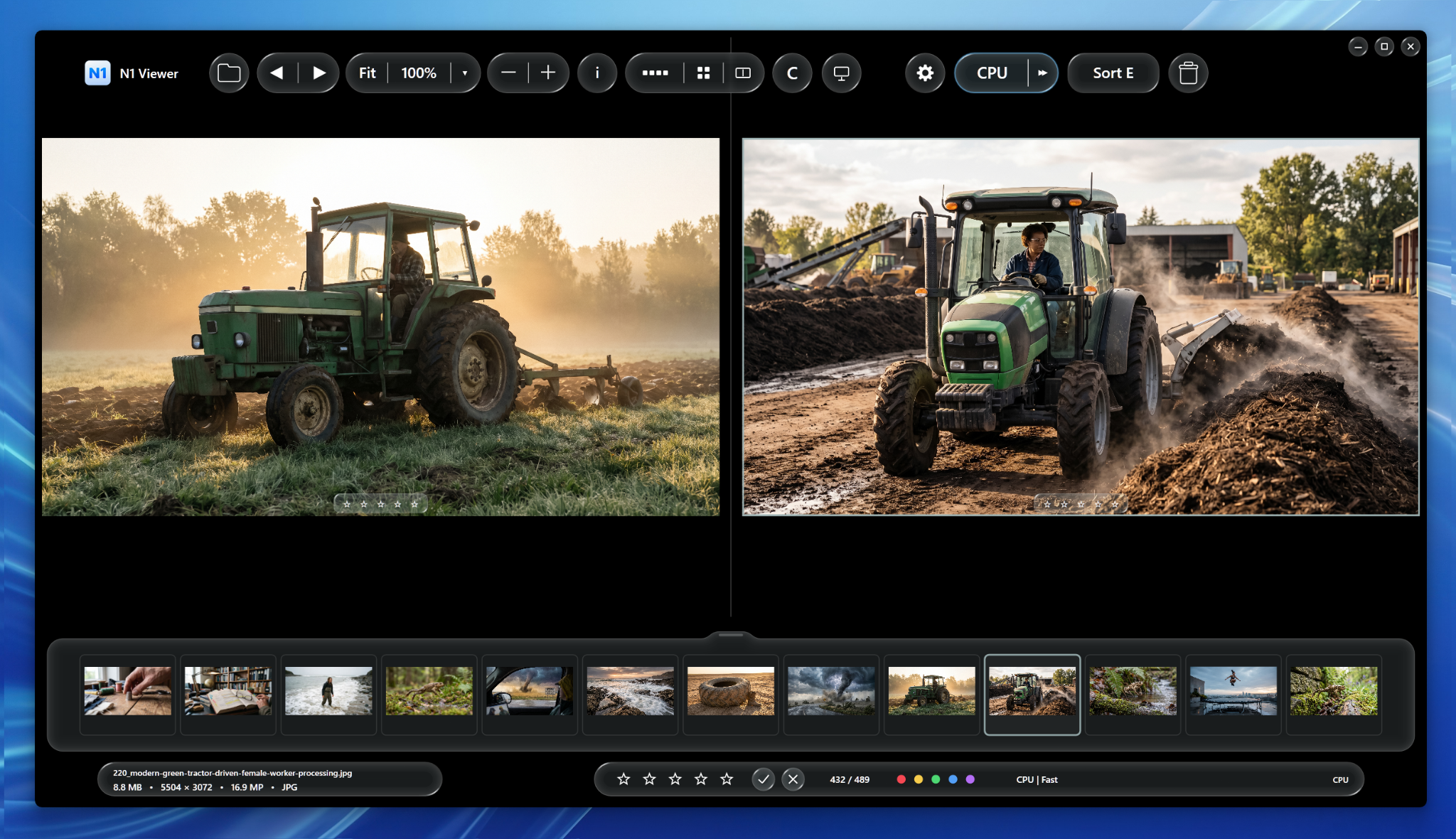 N1 Viewer Compare mode with two images side by side and a filmstrip