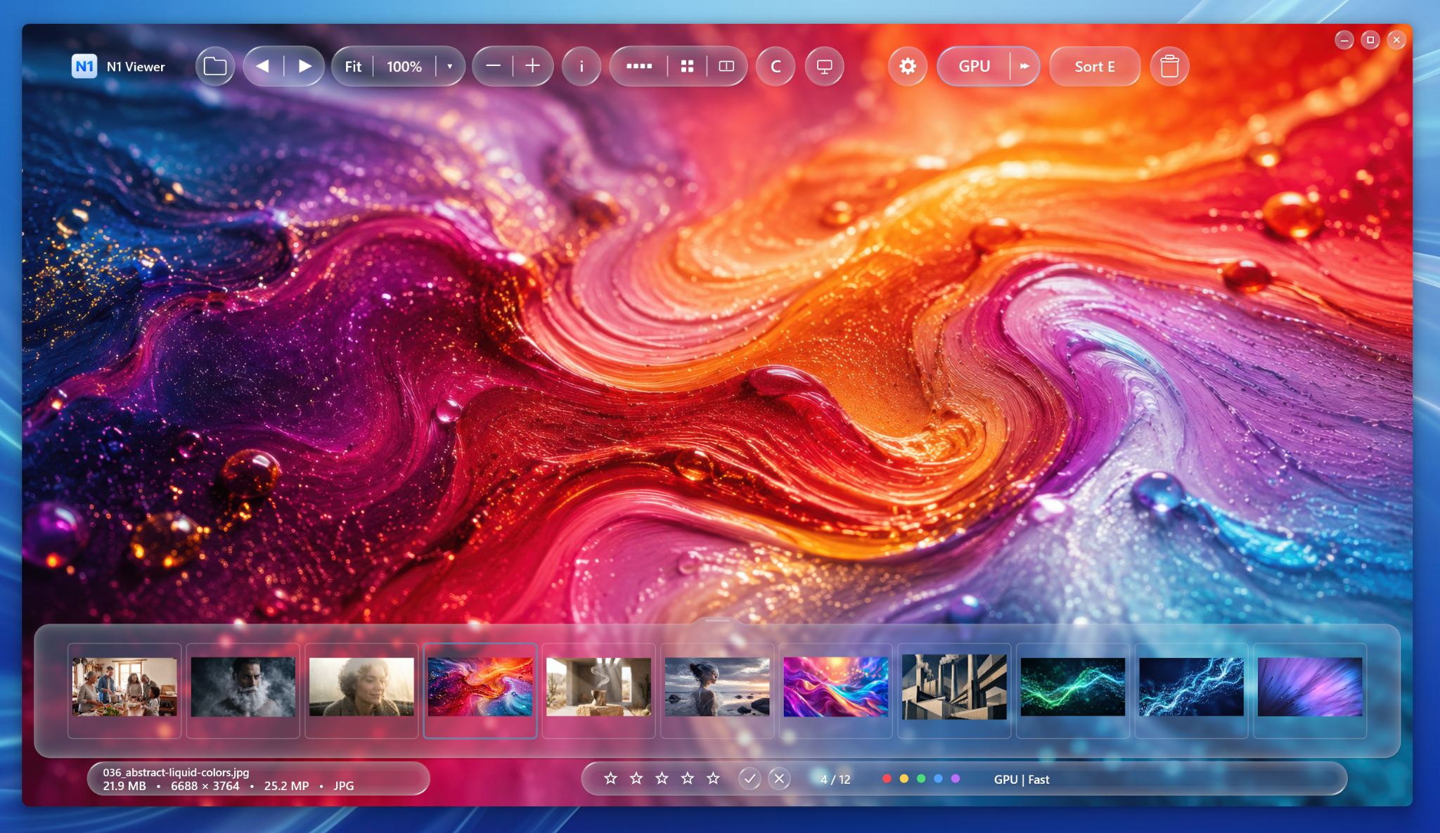 N1 Viewer modern interface with filmstrip, image controls and a colorful photograph